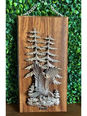 Vintage Eagle Wall Plaque Alaska Faux Copper Wood Cabin Lodge Decor
